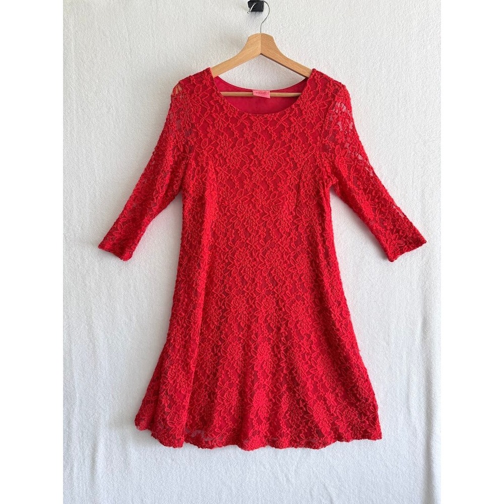 New Recruit Maternity Red Floral Lace 3/4 Sleeve Mini Dress Medium‎ Round Neck